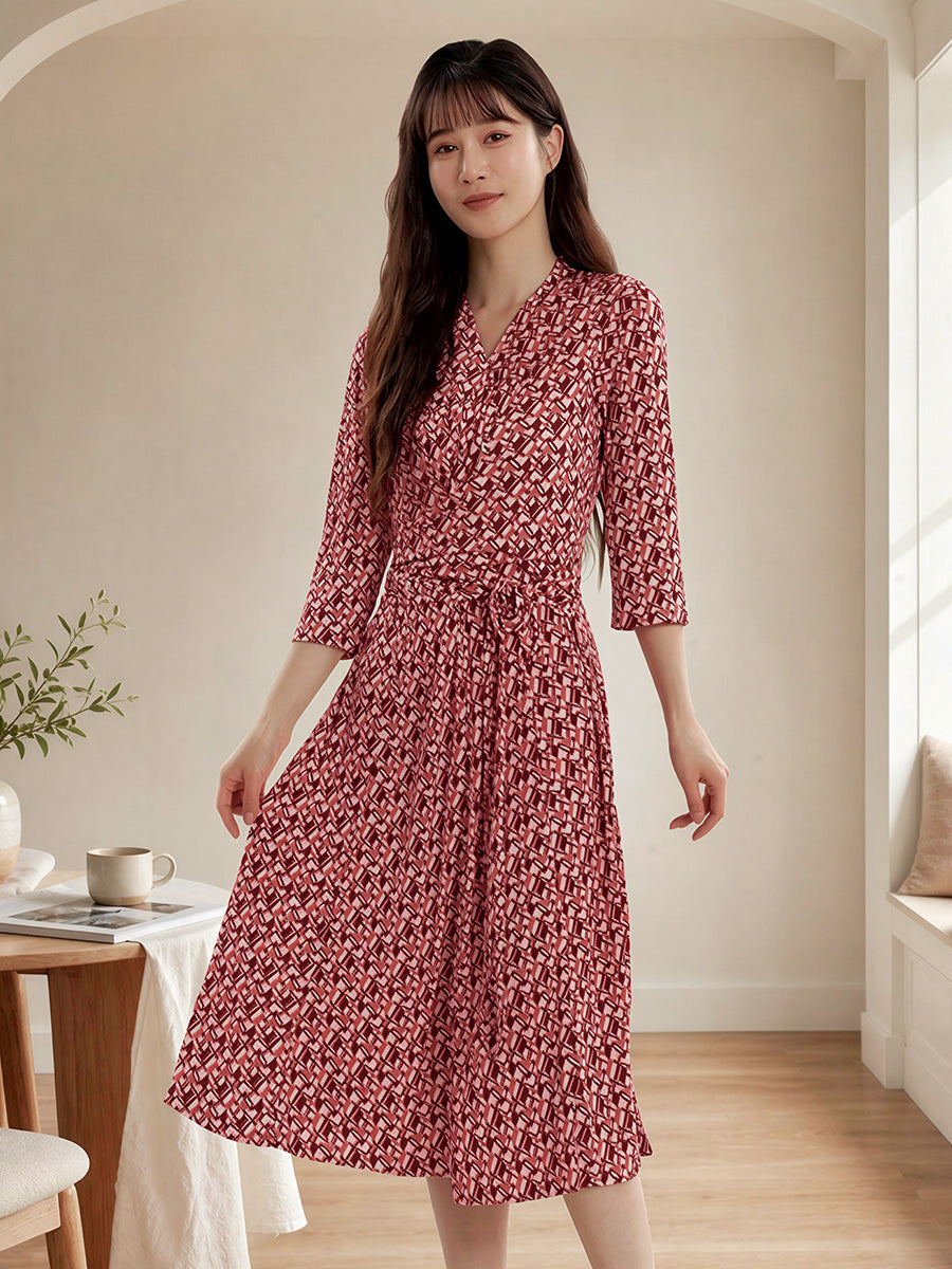 Geometric Print Tie Waist Silk Blend Midi Dress