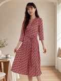 Geometric Print Tie Waist Silk Blend Midi Dress