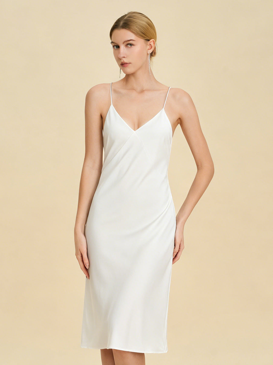 White Satin Midi Slip Dress with Crisscross Back