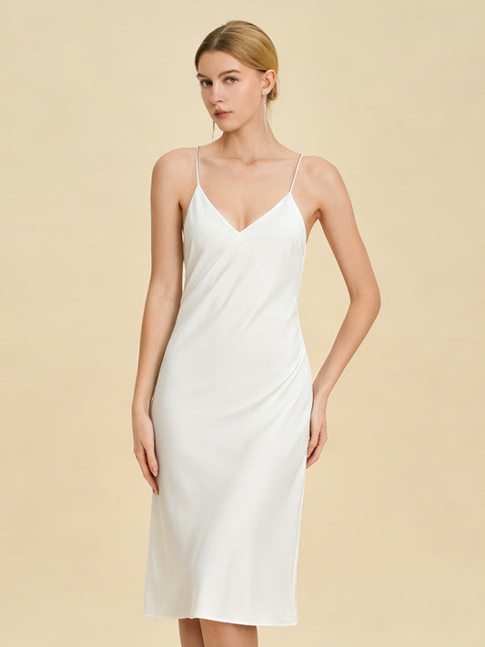 White Satin Midi Slip Dress with Crisscross Back