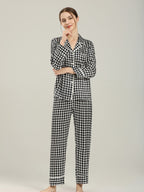 Long Sleeve Mulberry Silk Pajama Set with Houndstooth Print