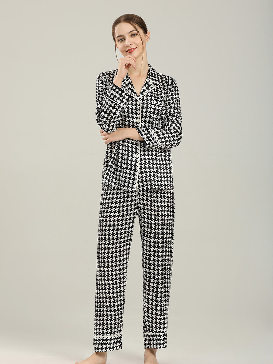 Long Sleeve Mulberry Silk Pajama Set with Houndstooth Print