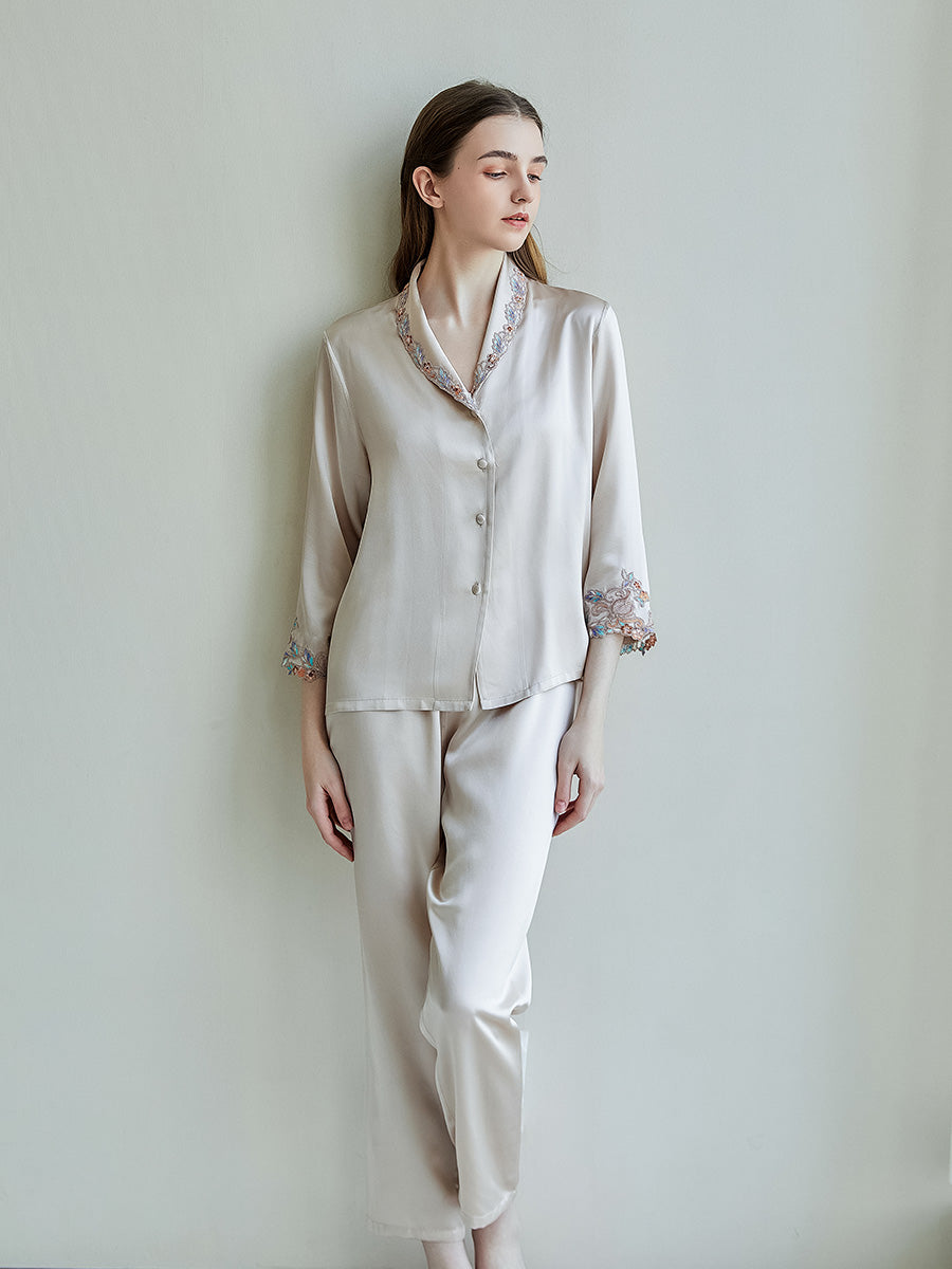 19 Momme Silk Pajama Set with Embroidered Lace Trim