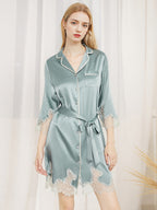 Notched Collar Button Front Lace Hem 100% Pure Silk Nightshirt