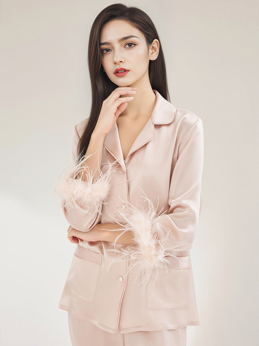 100% Mulberry Silk Ostrich Feather Trim Pajama Set