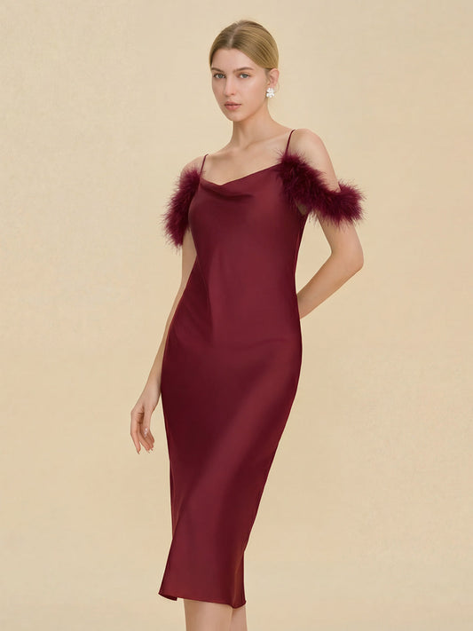 Burgundy Satin Midi Slip Dress with Feather Trim
