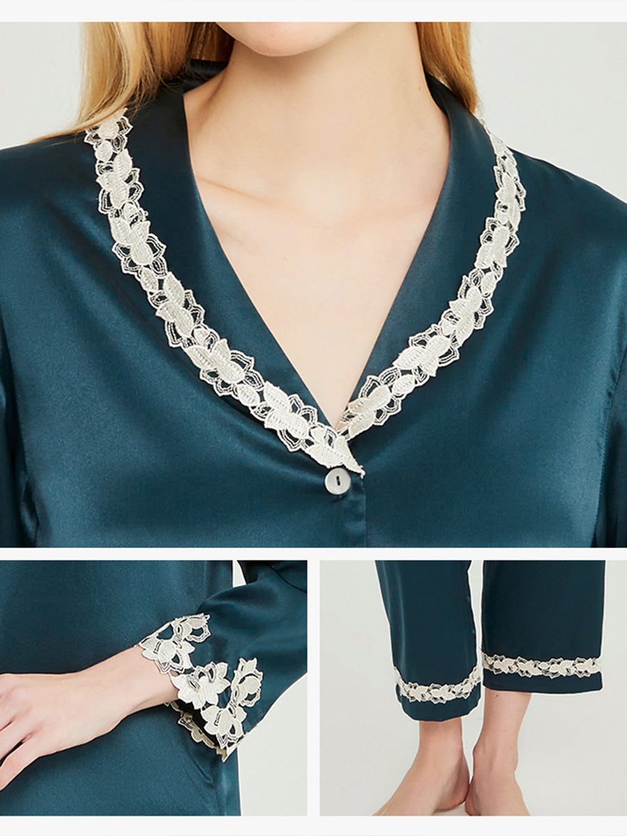 100% Mulberry Silk Lace Trim Notch Collar Pajama Set