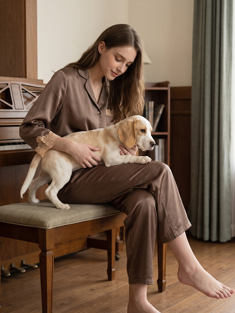 3/4 Sleeve Button Top & Long Pants Silk Sleepwear Set