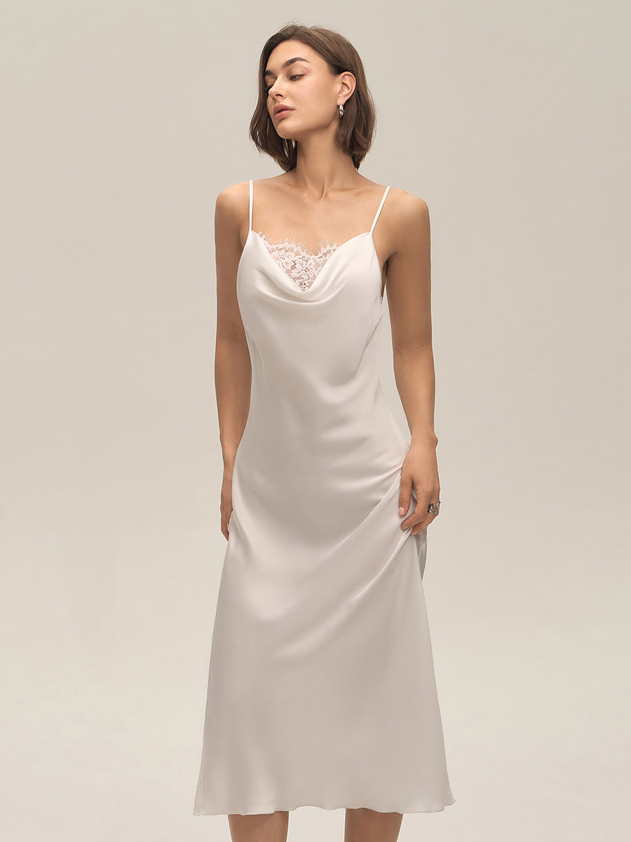 Ivory Cowl Neck Lace Satin Midi Slip Dress