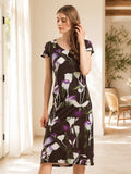 Short Sleeve V-Neck 100% Mulberry Silk Print Dress