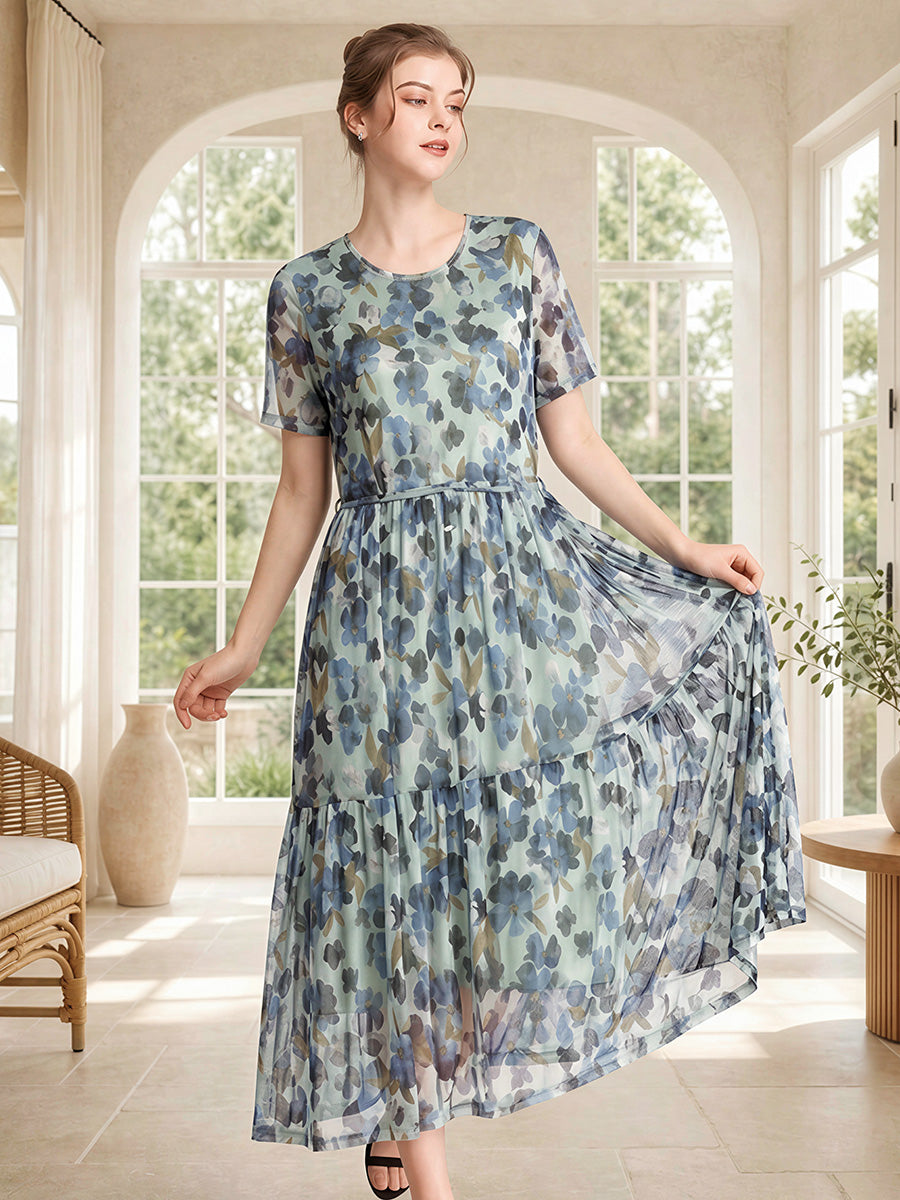 Short Sleeve Round Neck 100% Mulberry Silk Floral Dress