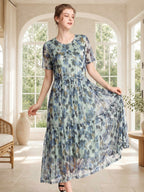 Short Sleeve Round Neck 100% Mulberry Silk Floral Dress