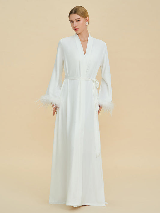 White Satin Maxi Robe with Feather Cuffs