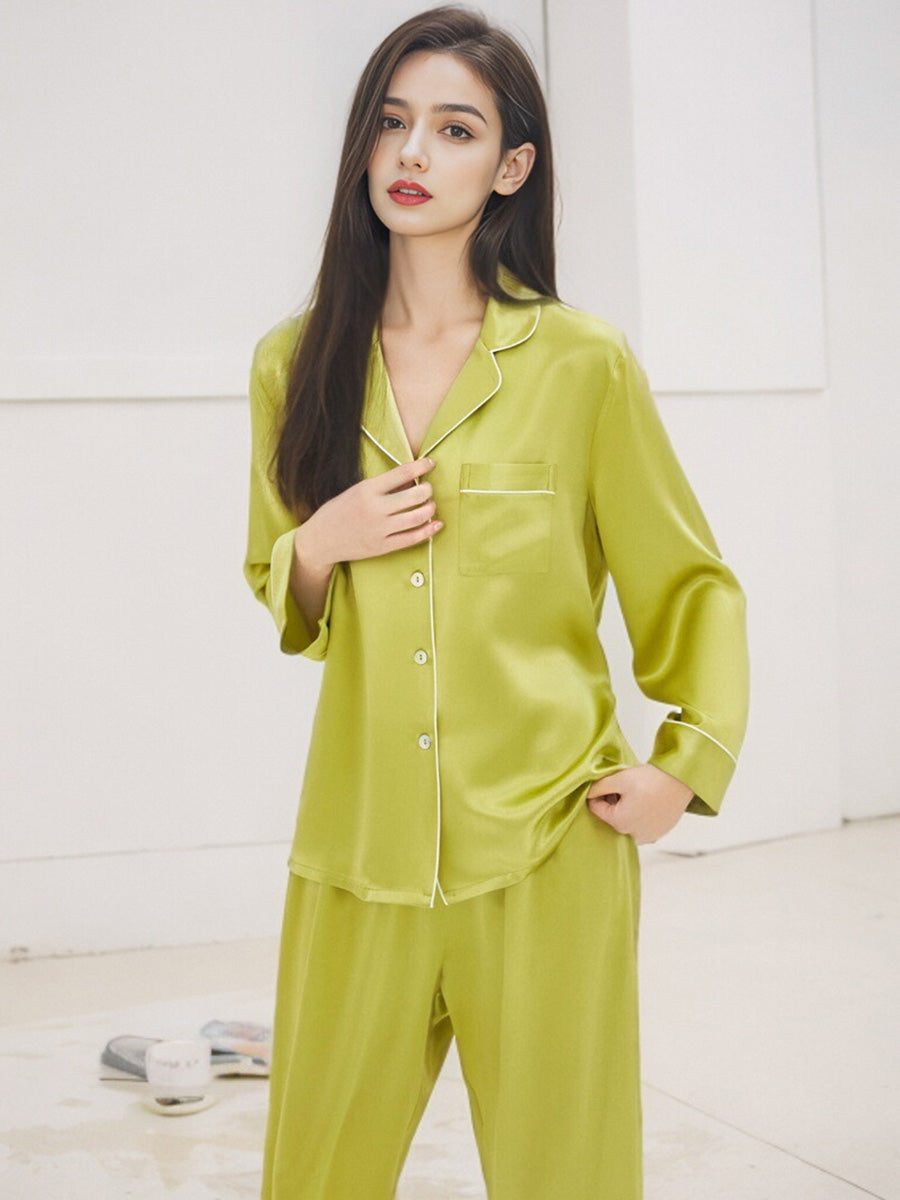 Contrast Piping Notched Collar Long Sleeve Pajama Set