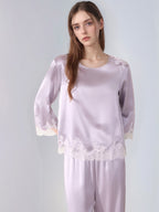 100% Mulberry Silk 3/4 Sleeve Pajama Set with Scalloped Lace Trim