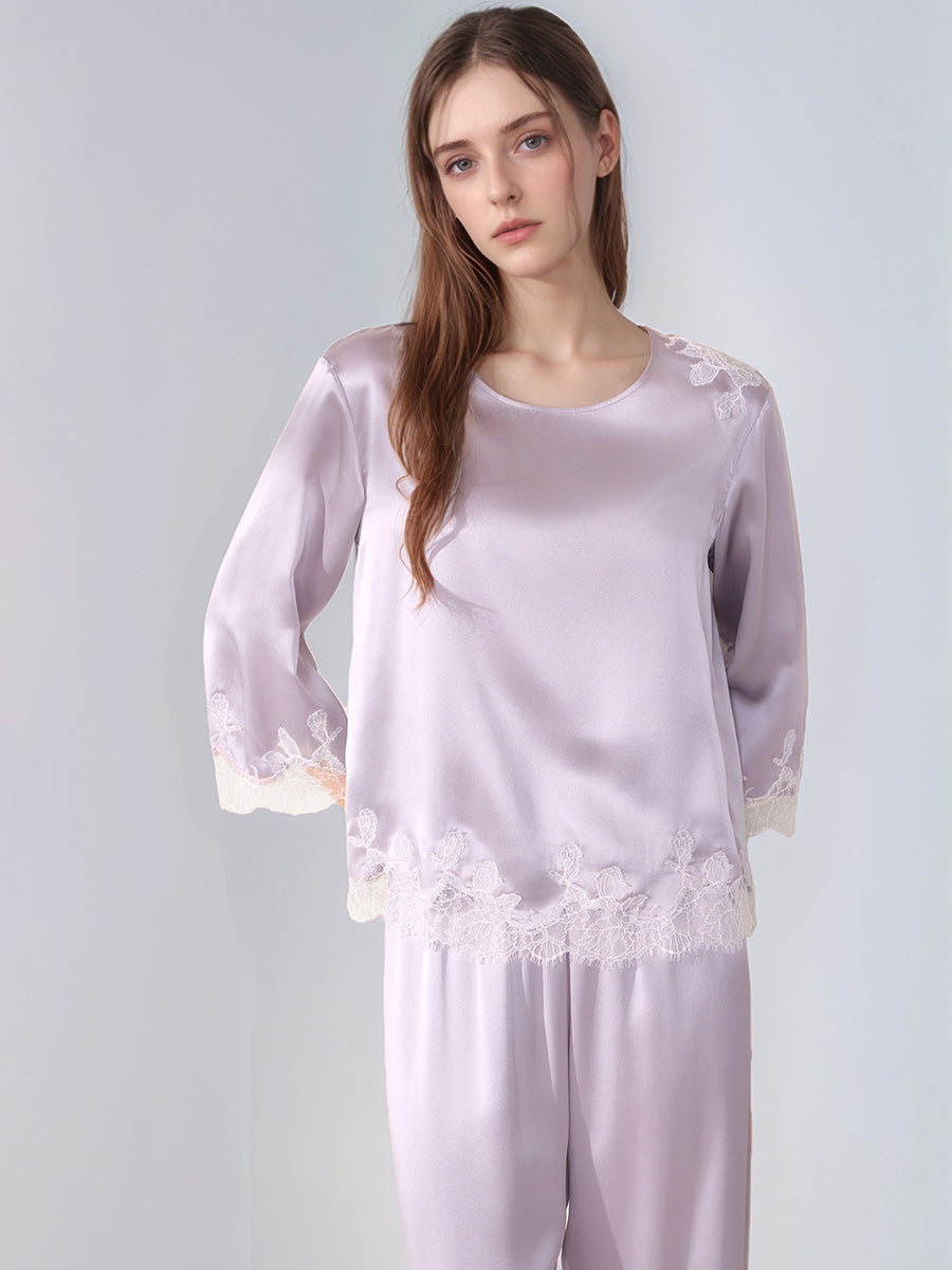 100% Mulberry Silk 3/4 Sleeve Pajama Set with Scalloped Lace Trim