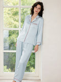 100% Mulberry Silk Contrast Red Piping Letter Embroidery Long Sleeve Pajama Set