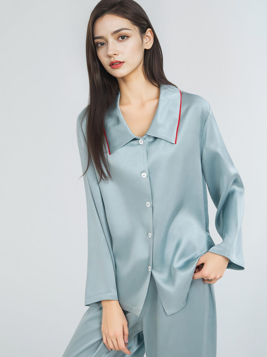 Contrast Trim Notched Collar Long Sleeve Pajama Set