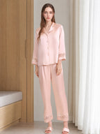 100% Mulberry Silk Hollow Lace Panel 3/4 Sleeve Pajama Set