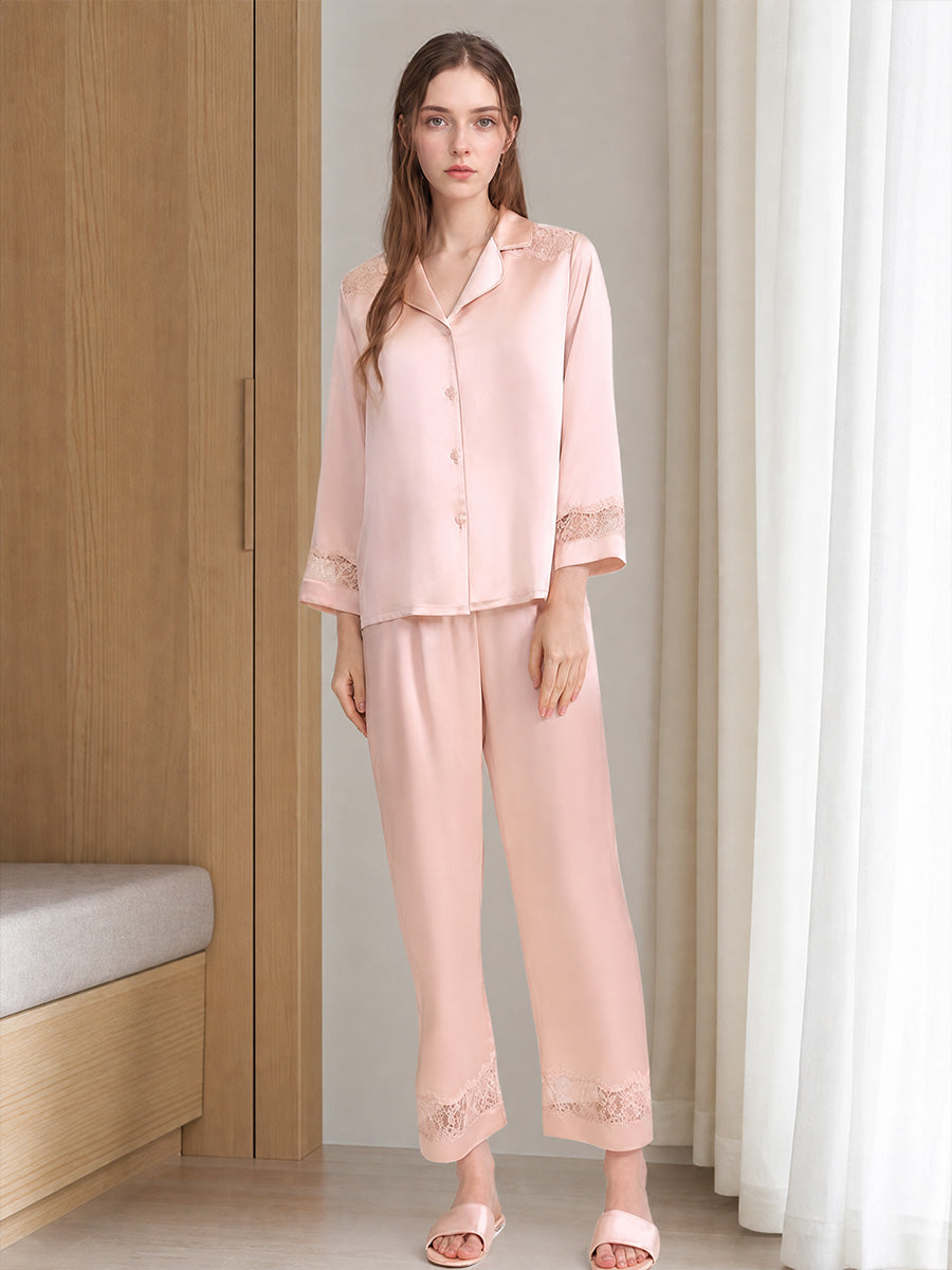 100% Mulberry Silk Hollow Lace Panel 3/4 Sleeve Pajama Set