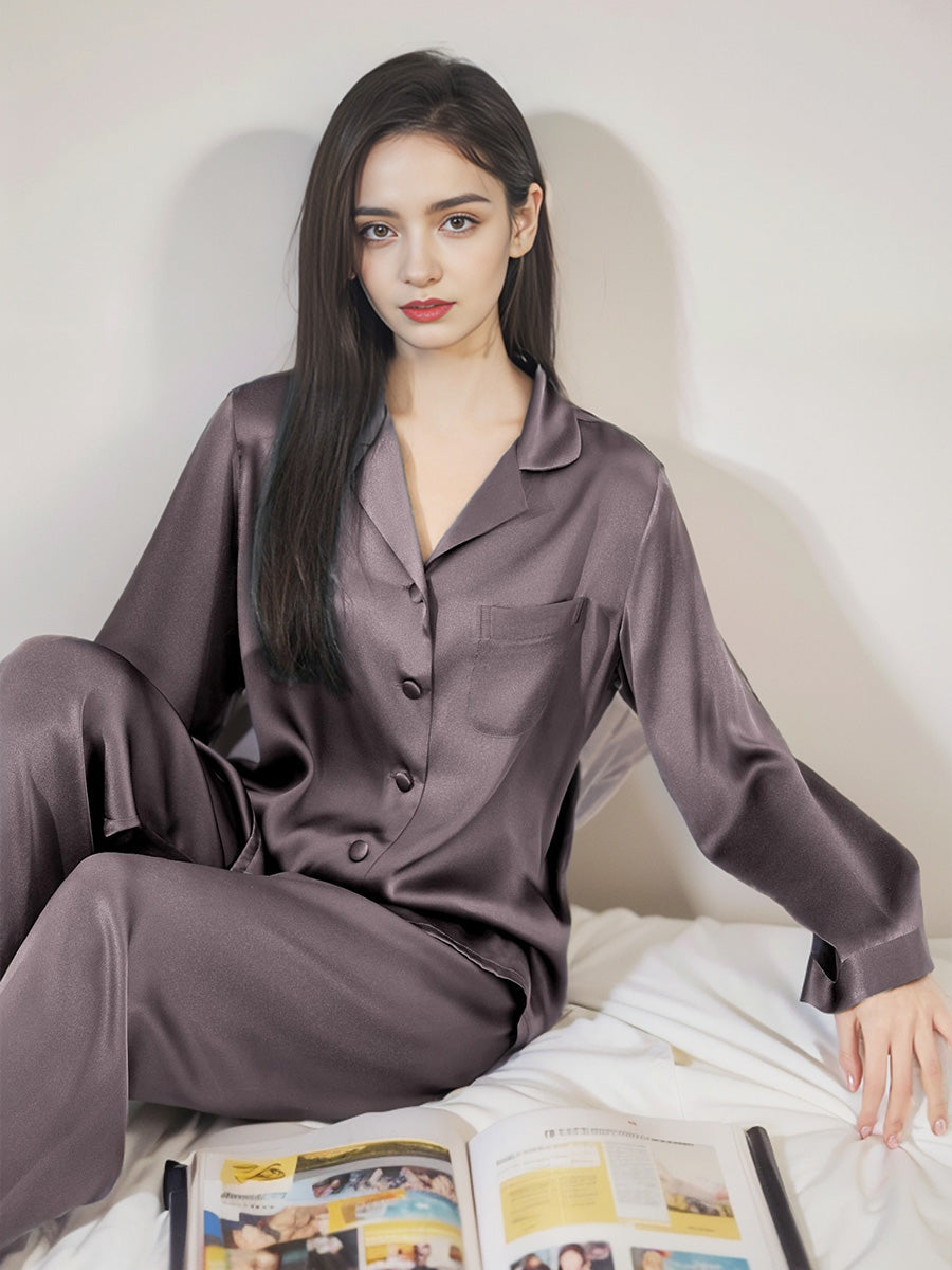 Classic Button Front Top & Long Pants Silk Sleepwear Set
