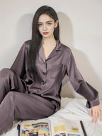 Classic Button Front Top & Long Pants Silk Sleepwear Set
