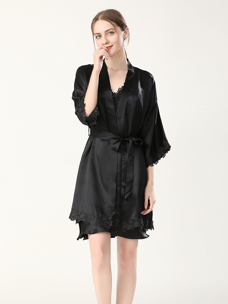 Rose Lace Mulberry Silk Robe and Slip Dress Set