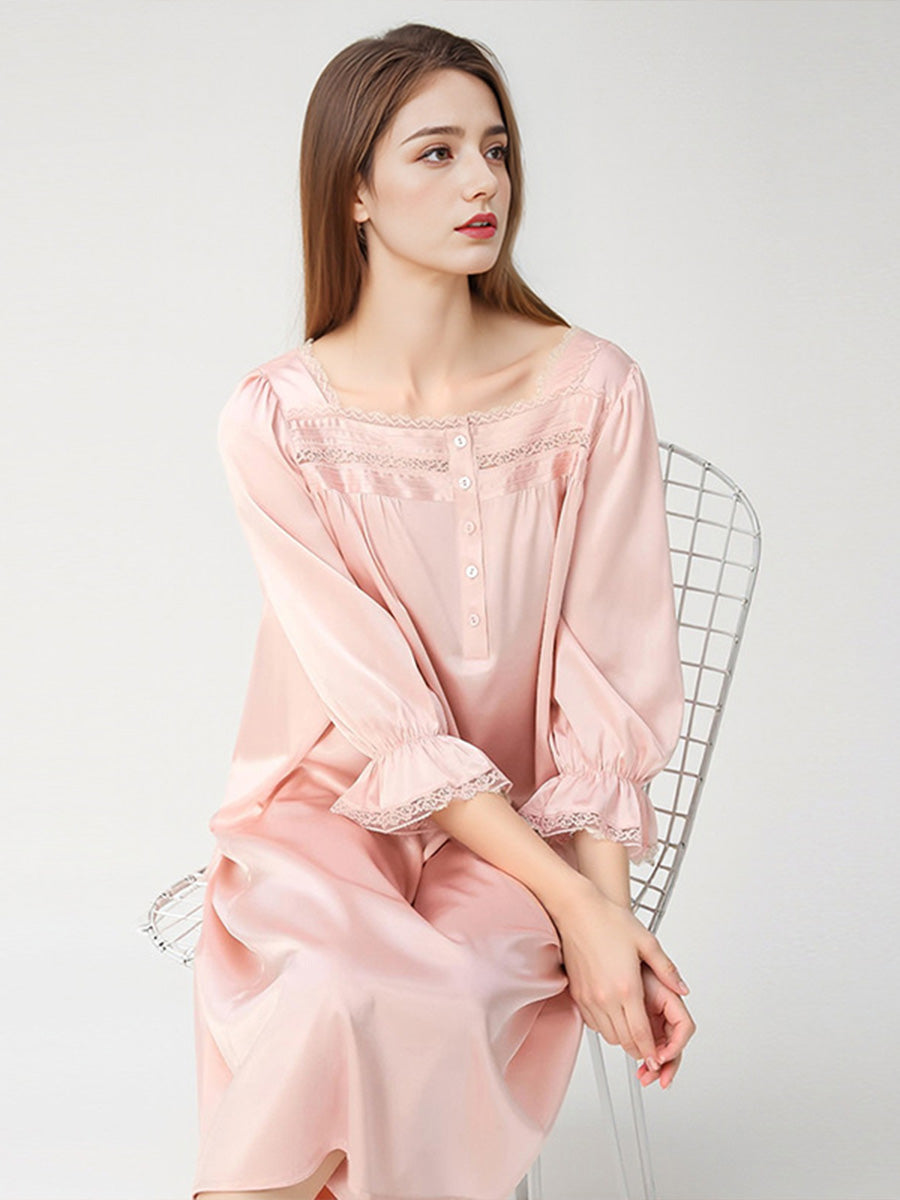 Loose Lace Yoke Mid-Length 100% Mulberry Silk Nightdress
