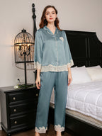 19 Momme Silk Pajama Set with Floral Lace Trim