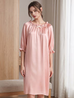 100% Mulberry Silk Ruffle Neck Bow Midi 3/4 Sleeve Nightgown