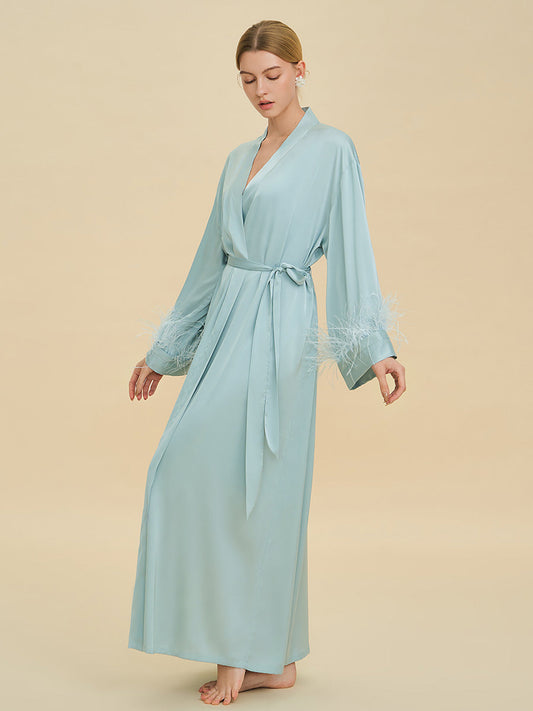 Light Blue Satin Maxi Robe with Feather Cuffs