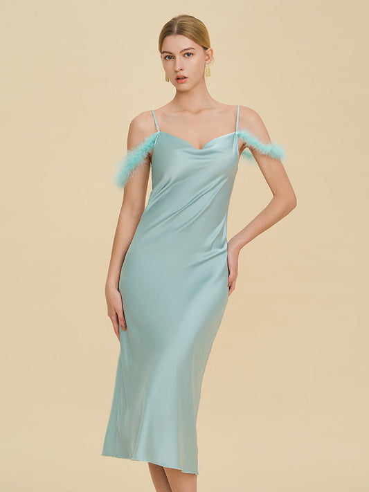 Light Blue Satin Midi Slip Dress with Feather Trim