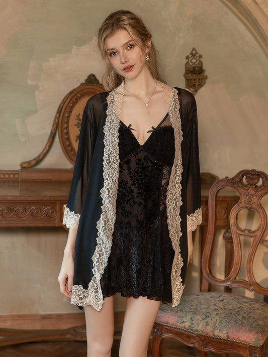 Black Sequin Lace Nightgown Robe Set