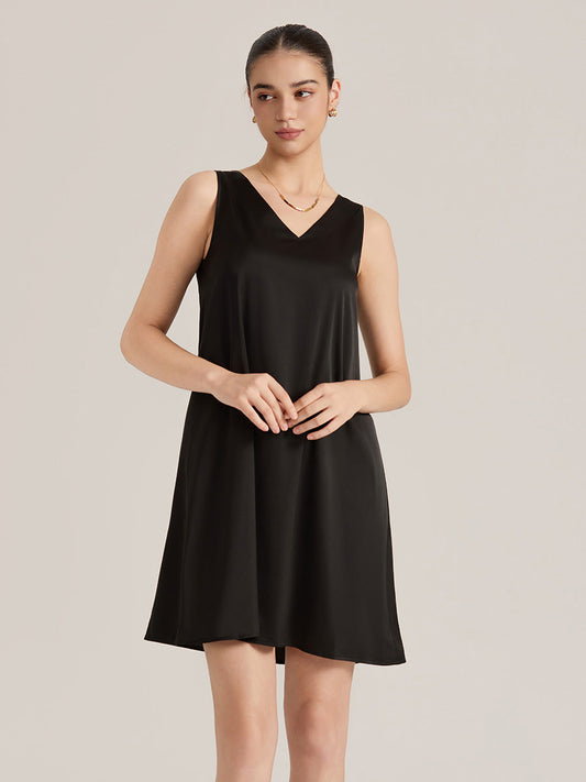 Black Satin Sleeveless Shift Dress