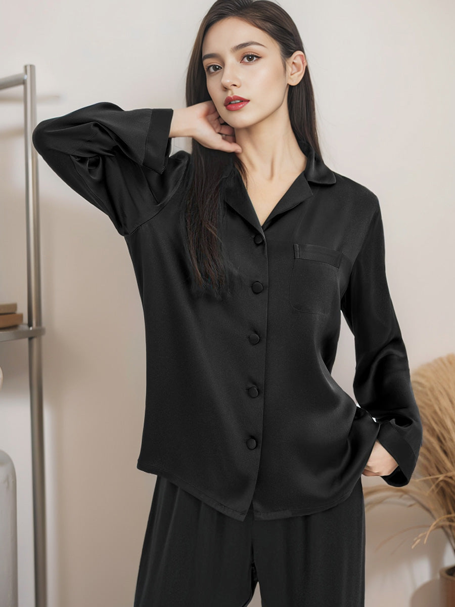 Classic Button Front Top & Long Pants Silk Sleepwear Set