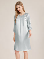 100% Mulberry Silk 3/4 Puff Sleeve Tie Neck Midi Nightgown