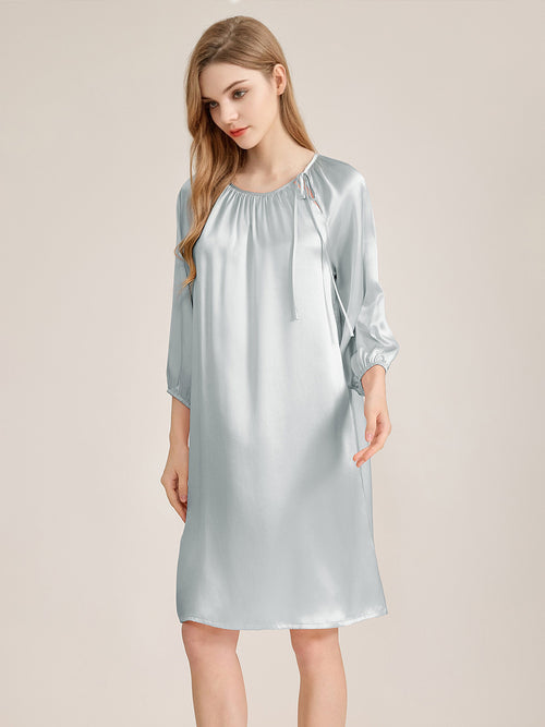 100% Mulberry Silk 3/4 Puff Sleeve Tie Neck Midi Nightgown