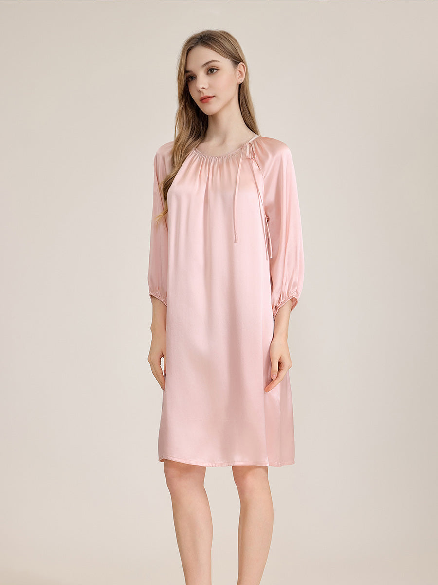 100% Mulberry Silk 3/4 Puff Sleeve Tie Neck Midi Nightgown