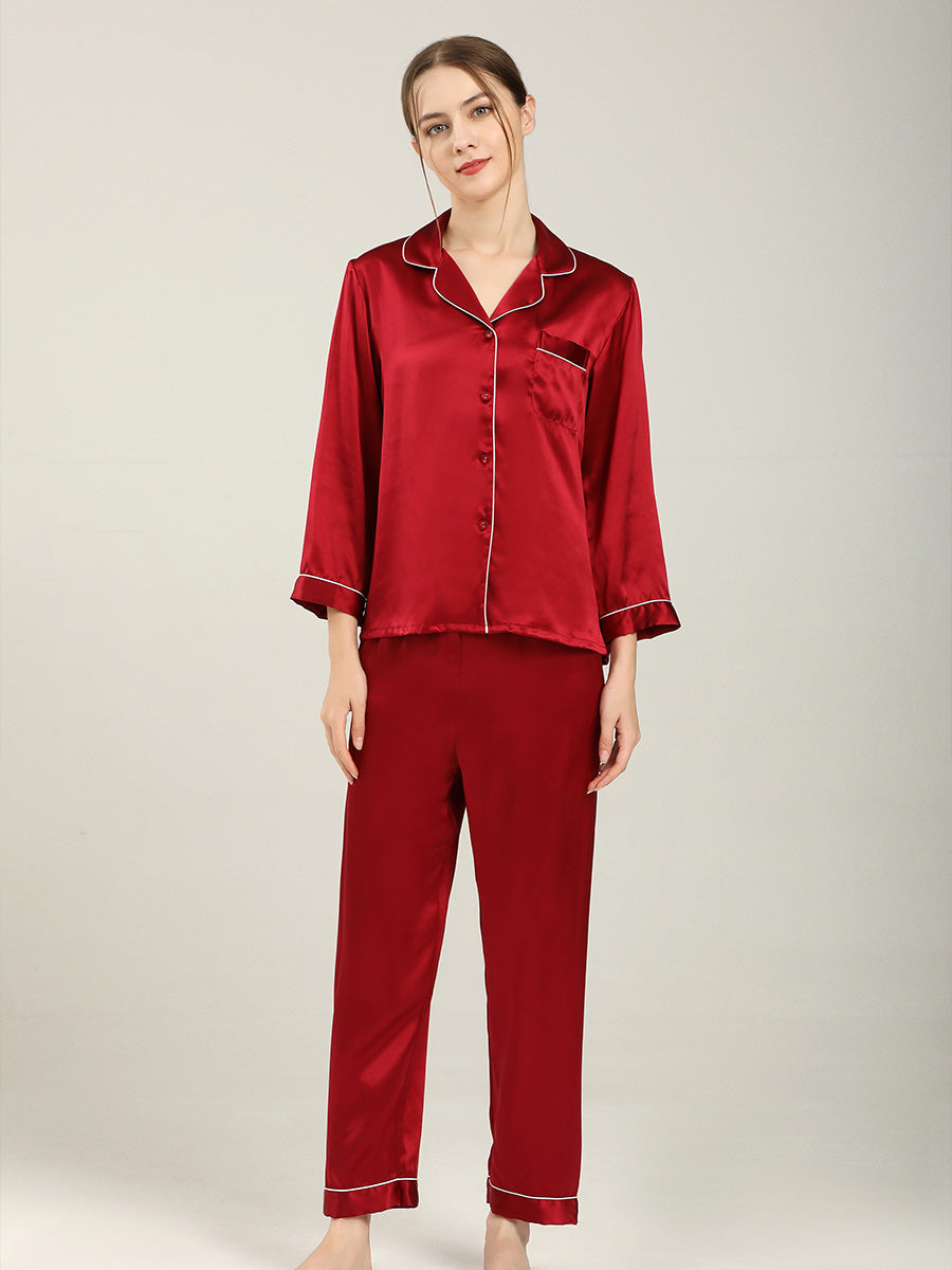 19 Momme Silk Long Sleeve Pajama Set with Contrast Piping
