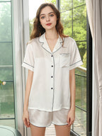19 Momme Silk Short Sleeve Pajama Shorts Set with Contrast Piping