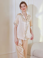 19 Momme Silk Short Sleeve Pajama Set with Lace Trim