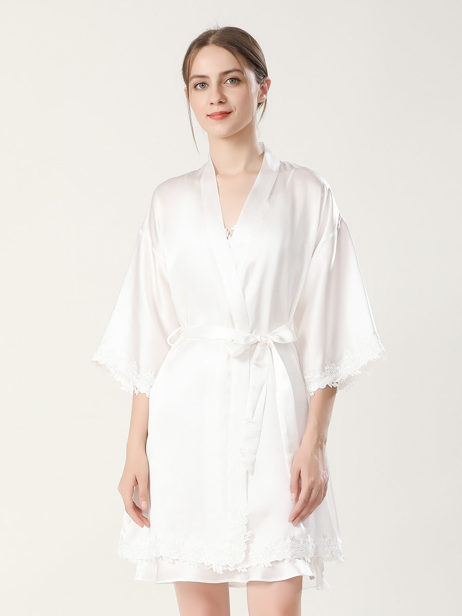 Rose Lace Mulberry Silk Robe and Slip Dress Set