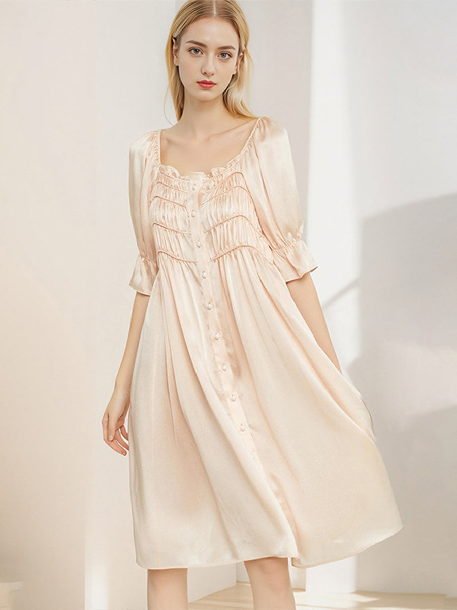 Designer Tiered Shirred Front 100% Mulberry Silk Satin Mid-Length Nightdress