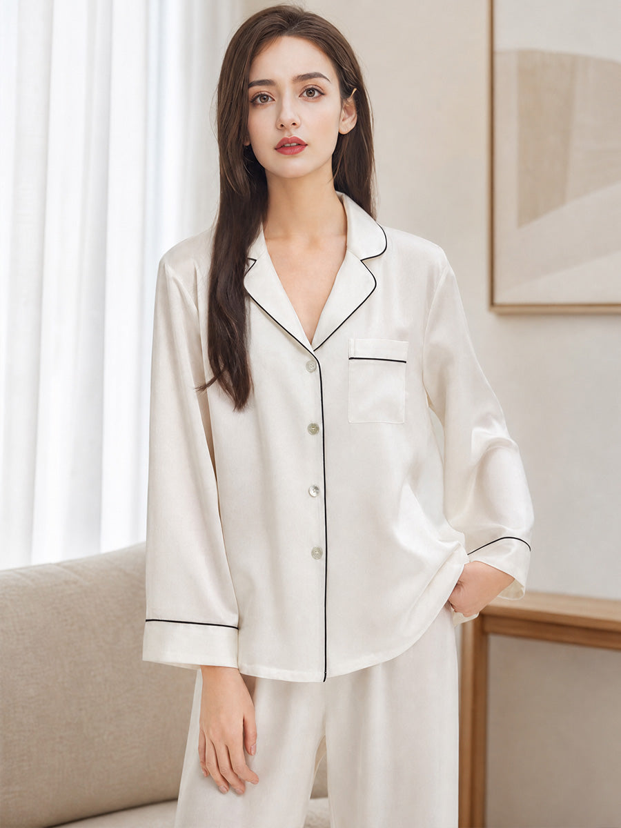 Contrast Piping Notched Collar Long Sleeve Pajama Set