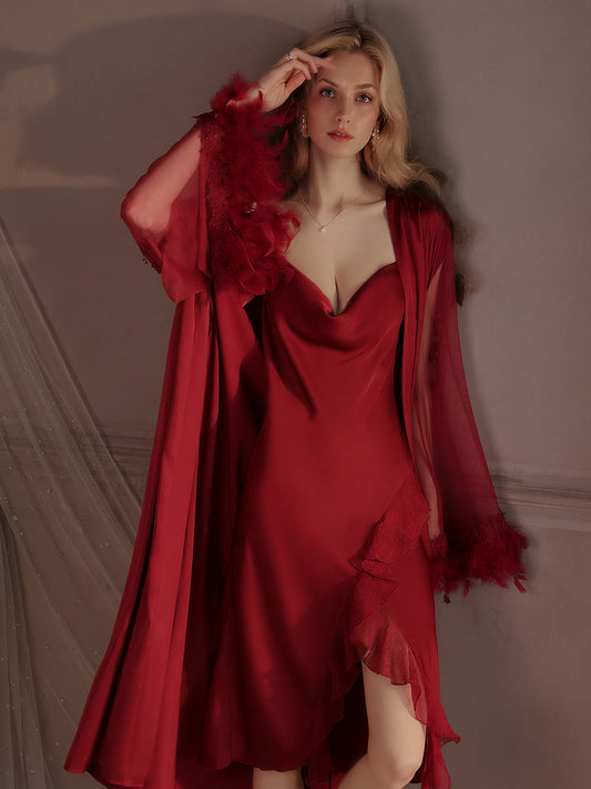 Red Feather Trim Luxury Satin Nightgown Set