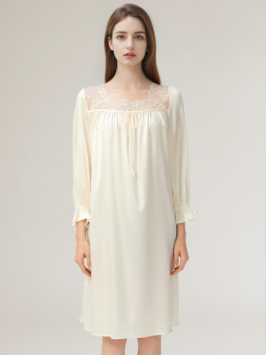 Ruffle Cuff 3/4 Sleeve 100% Pure Silk Elegant Sleep Dress