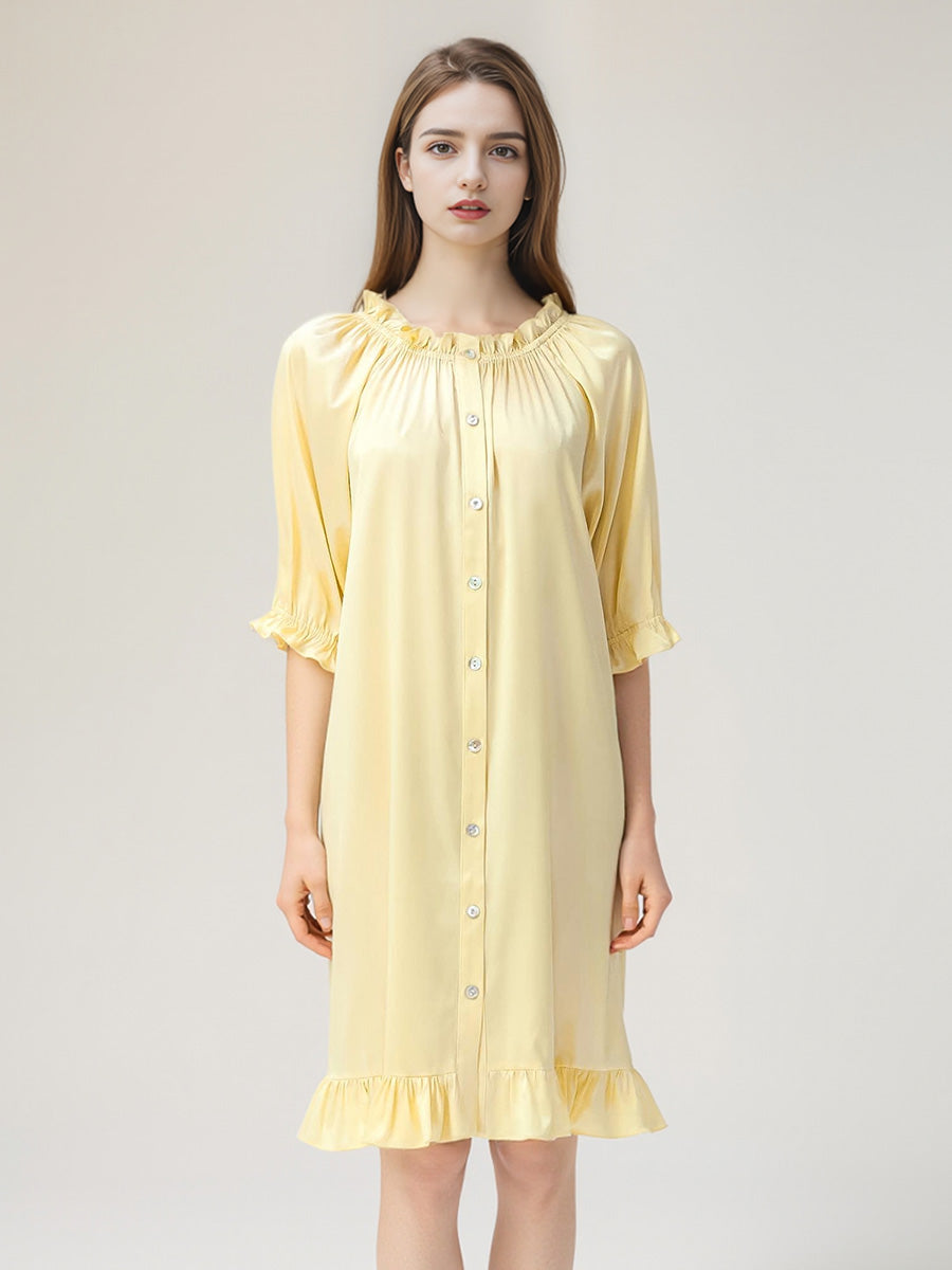 Puff Ruffle Cuff 3/4 Sleeve 100% Pure Silk Sleep Dress