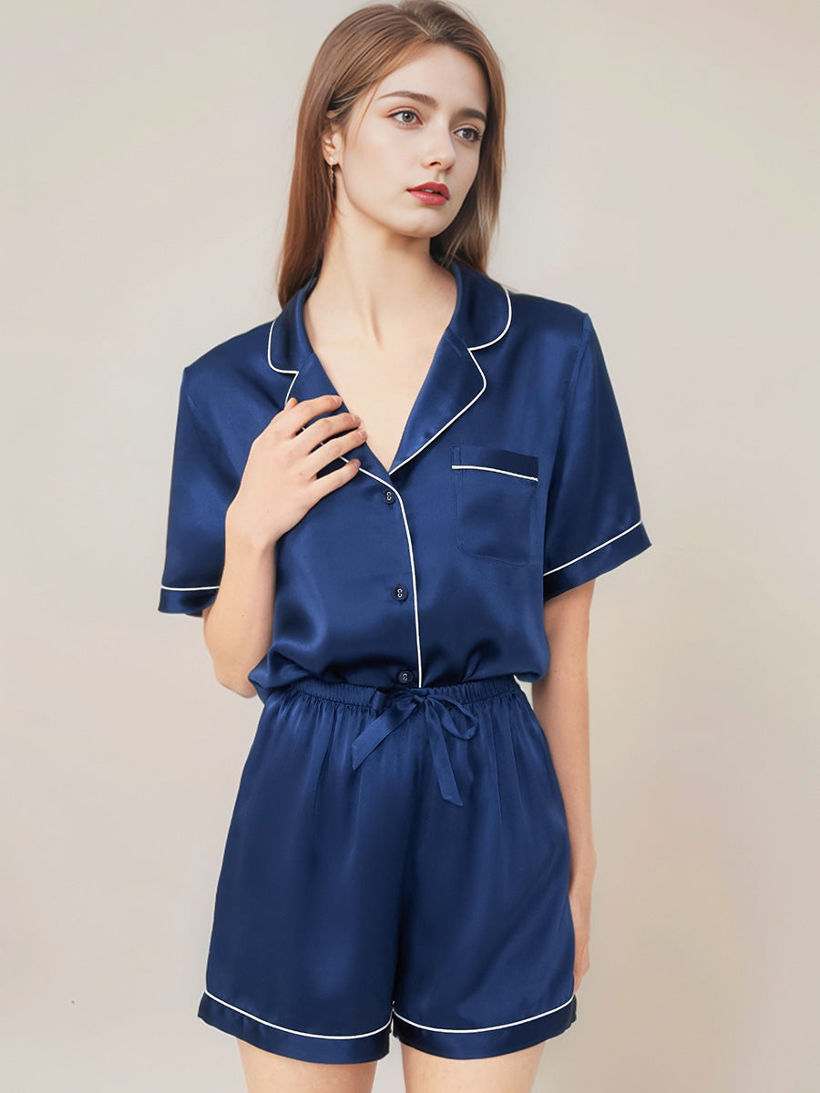 Notched Collar Button Down Top & Shorts Silk Sleepwear Set