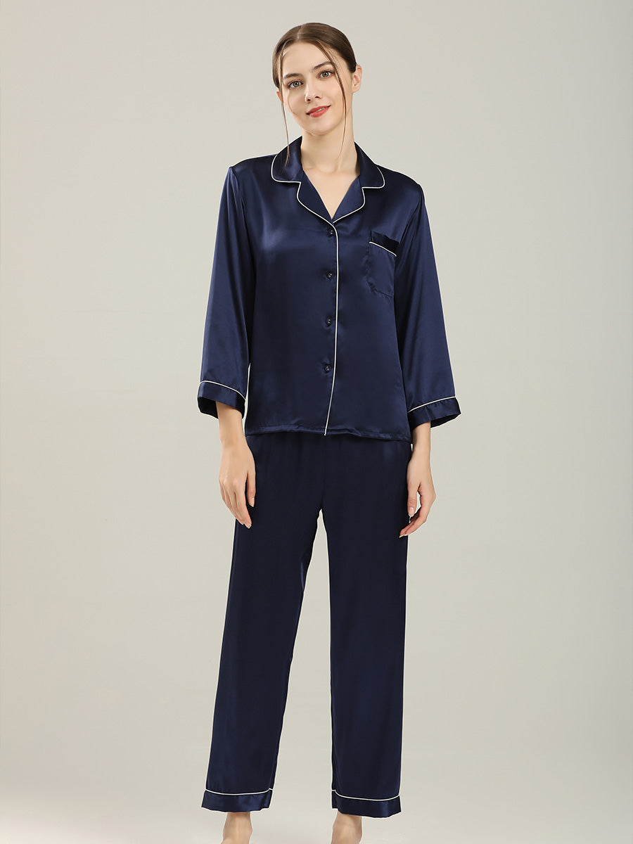 19 Momme Silk Long Sleeve Pajama Set with Contrast Piping