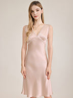 Eyelash Lace Trim 100% Pure Silk Mid-Length Sleep Dress